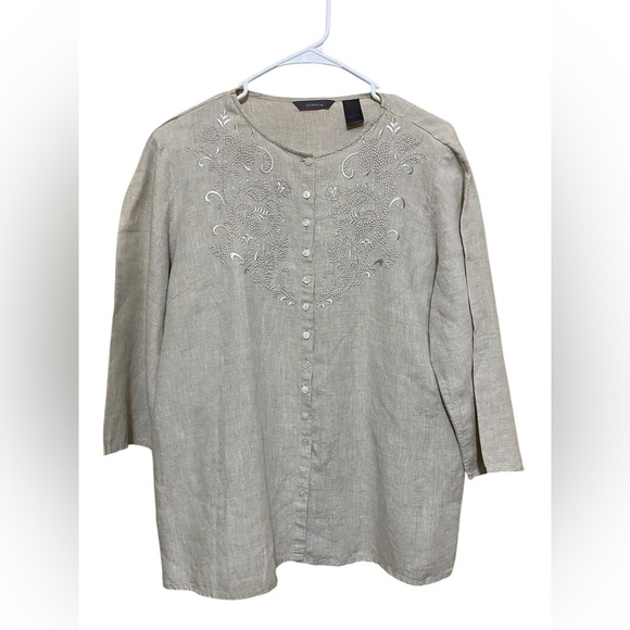 Liz Claiborne Linen, Tan, Embroidered Button Front Tunic Top, Size 14. - Picture 1 of 10